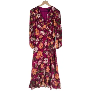 Maggy London Desert Bloom Floral Long‎ Sleeve A-line Dress In Wine Ruffle Trim 2 thumbnail 3