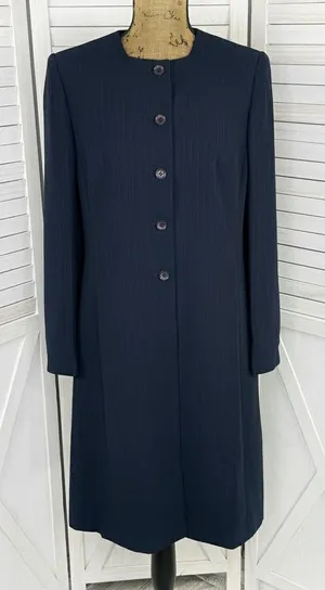 Dress Barn Pinstripe Long Line Blazer‎ Jacket Blue Tan 10 Suit Coat thumbnail 1