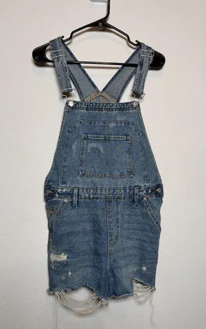 Women Denim Distressed Overalls Shorts thumbnail 1