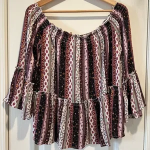 No Comment Smocked Printed Bell Sleeve Off The Shoulder Peasant Blouse. Size M thumbnail 1