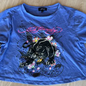 Ed Hardy Vibrant Blue Panther Graphic Crop Top With Mesh Tattoo Sleeves Large thumbnail 8