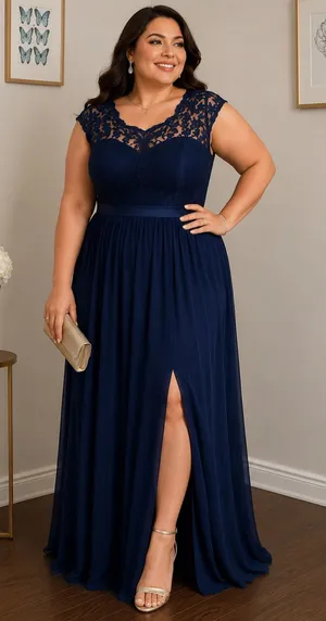 David’s Bridal Navy Lace Chiffon Formal Gown Front Slit Size 18 NWT thumbnail 1