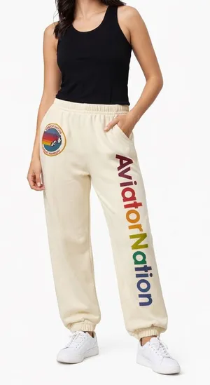 Aviator Nation Haight Ashbury Sweatpants Cream Rainbow Logo‎ Relaxed Joggers M thumbnail 1