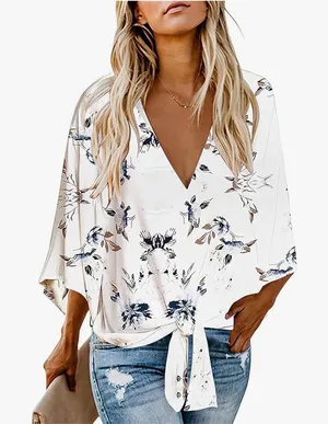 Casual Floral Blouse Batwing Sleeve Loose Fitting Shirts Boho Knot Front Top thumbnail 1