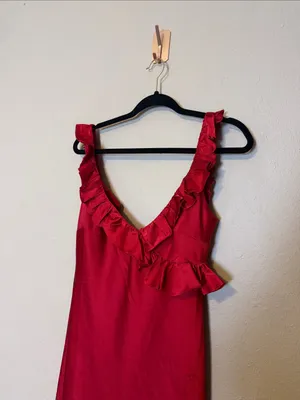 Selfie Leslie Alba Frill Trim Mini‎ Dress In Cherry Red Size Medium NWT thumbnail 6