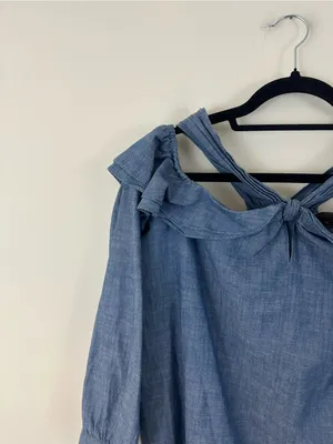J. Crew Chambray Ruffle Off-Shoulder Top Blue Halter Neck Size 12 Women's thumbnail 3