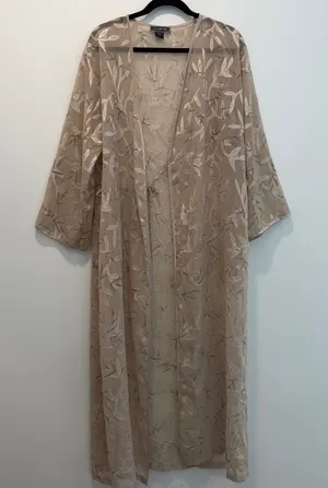 HALSTON Women's Medium Beige Leaf Pattern Sheer Long Kimono Robe Lounge*No Belt* thumbnail 1