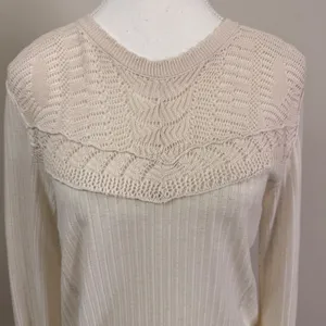 Free People Colette Cream Ribbed Knit Top Crochet Lace Yoke and Cuffs Size Lrg. thumbnail 6