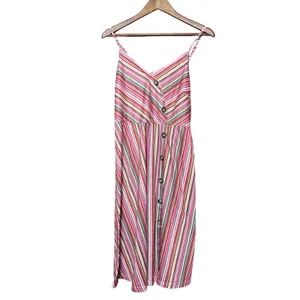 Oxiuli‎ Midi Sundress Women Size XL Multicolor Pink Striped Smocked Back Summer thumbnail 2