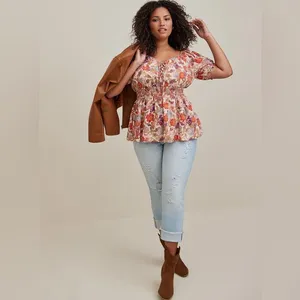 Torrid Harvest Floral Georgette Eyelet Smocked Waist Puff Sleeve Top - size 1 thumbnail 10