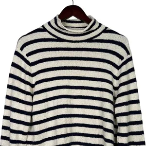 J. Crew Striped Knit Boucle Mock Neck Long Sleeve Sweater L Cream Navy Blue thumbnail 2