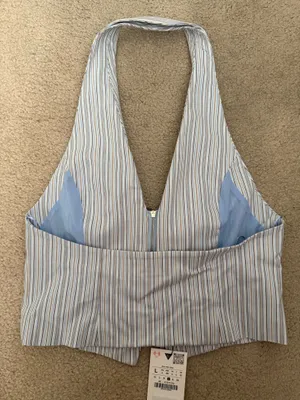 BNWT Zara Blue, Cream & Brown Striped Collared Vest Halter Top thumbnail 9