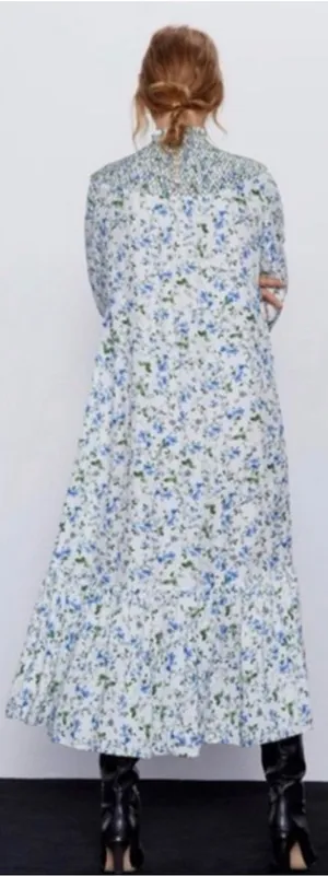 Zara White Blue Floral Smocked High Neck Maxi Dress Size S thumbnail 1