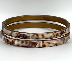 Conch Shell Inlay Pair of Bangle Bracelets 2.6” inside diameter Brown thumbnail 1