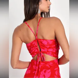 NWT Lulus Vibrant Moment Red and Pink Floral Pleated Midi Dress - Size Medium thumbnail 2
