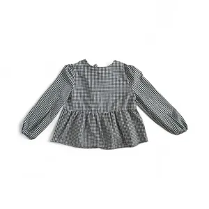 Gingham Navy White Puff Long Sleeve Babydoll Blouse with Front Bows size L thumbnail 2