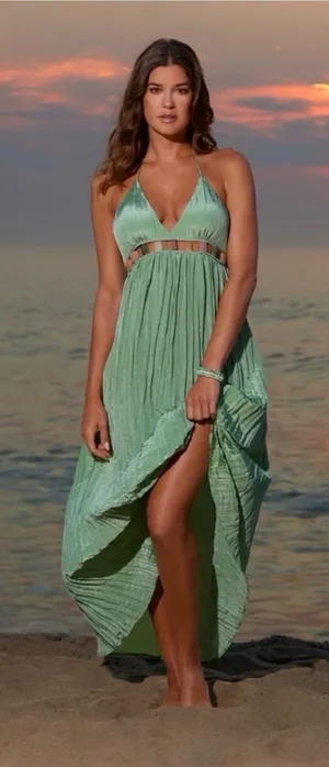 Ibiza by Anne Cole Green V-Neck Halter Maxi Dress w/ Jewel Trim Size Large thumbnail 1
