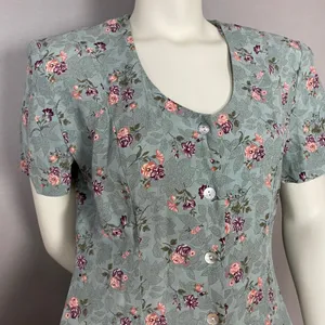 Vintage Floral Dress Shell Buttons Shirred Smocked Midi Cottagecore Summer Fall thumbnail 11