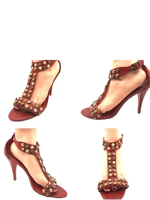 Pour La Victoire Red Leather With Gold Metal Studs T Strap Heels (8.5) thumbnail 6