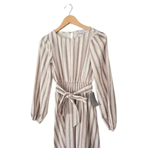 Petal & Pup Striped Linen Blend Smocked Midi Dress Cream Wine Long Sleeve XS NEW thumbnail 5