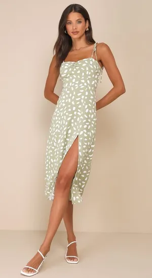 NWT Lulus Party in Paris Sage Green Print Tie-Strap Midi Dress Bohemian Size XL thumbnail 1