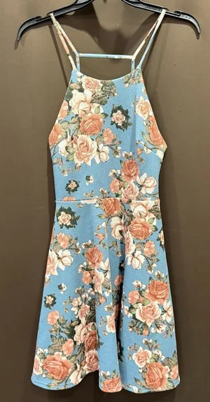Blu Pepper Floral Strappy Mini Dress - Blue and Peach, Size Small EUC thumbnail 1