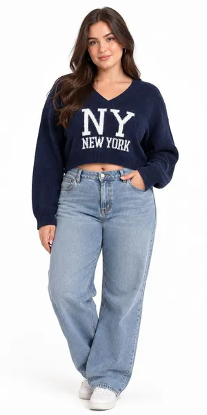 Derek Heart Navy Blue Cropped V-Neck NY New York Sweater NWT Size L thumbnail 1