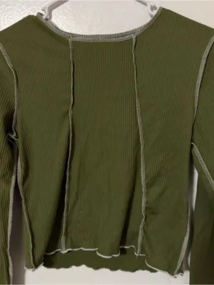 Olive Green Ribbed Seam-Detail Sweater thumbnail 2