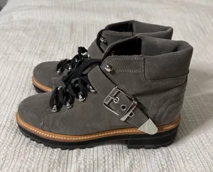 Marc Fisher Gray Suede Lace-Up Ankle Boots with Buckle Accent thumbnail 1