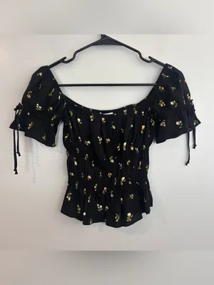 Reformation Solis Briar Black Floral Off the Shoulder Milkmaid Boho Top Small thumbnail 2