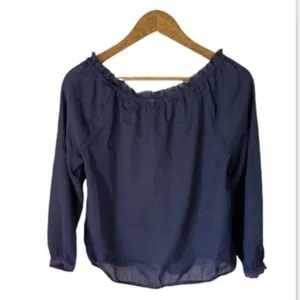 American Eagle Medium Sheer Blue Boho Peasant Blouse Pink Embroidery Tassel thumbnail 3