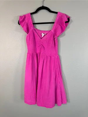 Love Shack Fancy Athalia Hot Pink Cotton Mini Dress Womens S Flutter Sleeve thumbnail 9