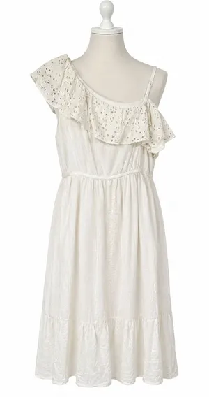 Old Navy XXL Dress One Shoulder Eyelet Lace Ruffle Tiered Midi Cream Coastal thumbnail 1