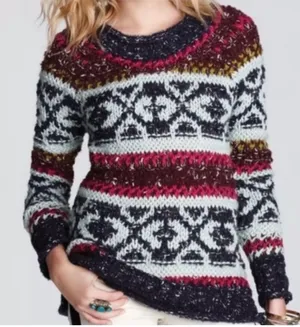 Free People Reed Fair Isle Print Chunk Knit Sweater Wool Linen Alpaca Medium thumbnail 1