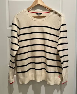 Joules Portlow Striped‎ Cotton Sweater Cream Navy Button Shoulder US 10 Nautical thumbnail 1