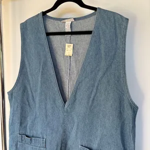 Vintage 90s Denim Jean Dress Boxy Teacher Academia Blue V-Neck Deadstock Large thumbnail 2