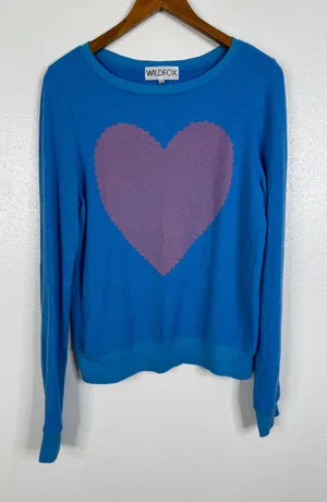 Wildfox Womens Scalloped Heart Sweatshirt Blue Purple XS Pullover Crew Neck thumbnail 1