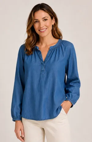 LOFT Blue Soft Denim Long Sleeve V-Neck Popover Top - Size: medium thumbnail 1