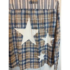 Easel Mixed Media Patchwork Plaid Striped Star Button Down Shirt Blue Size Small thumbnail 6
