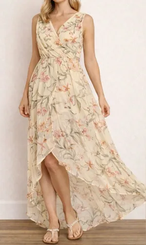 Suzy Shier Cream Floral High-Low Wrap Dress thumbnail 1