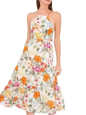 Chelsea & Violet Tropical Floral Print Tiered Midi Dress Linen‎ Blend Tie Back thumbnail 2