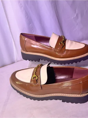 Franco Sarto Brown and Cream Leather Two-Tone Loafer with Gold Chain thumbnail 2