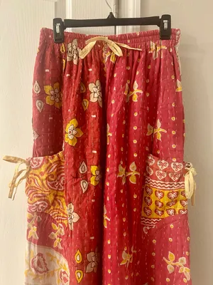 Red and Pink Floral Boho Kantha Jogger Pants thumbnail 2
