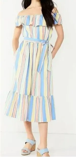 Draper James Multicolor Striped Off-Shoulder Midi Dress thumbnail 1