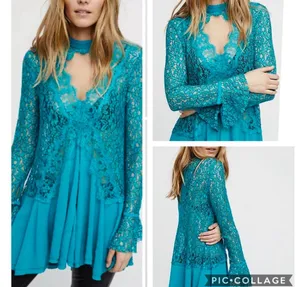 Free People NWOT Elegant Teal Lace High-Low Tunic thumbnail 2