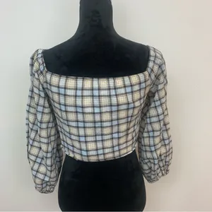 Zara Women's M Blue Cream‎ Plaid Ruched Chic Cottagecore 3/4 Sleeve Blouse thumbnail 5