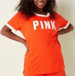 PINK Victoria's Secret Short Sleeve T-Shirt Medium Campus Ringer Crew Orange thumbnail 1