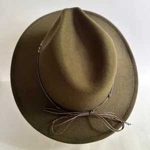 Wide Brim Felt Fedora Hat in Olive Green with Beaded Band thumbnail 3