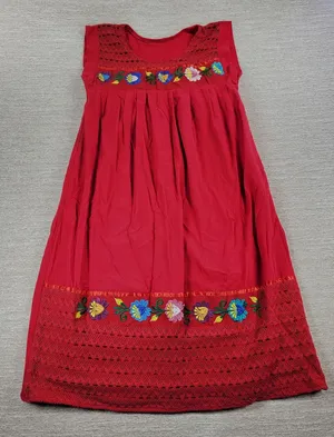 Handmade Mexican Dress M Red Embroidered Muumuu Floral Crochet Boho Hippie Midi thumbnail 1