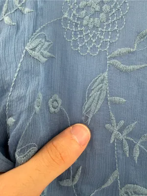 SUNDANCE Blue Embroidered Silk Short Sleeve Sheer Overlay Blouse Top Sz large thumbnail 5